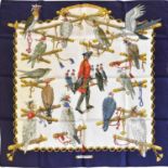 Hermès Silk Scarf 'Les Oiseaux Du Roy' Designed by Caty Latham, on a white ground depicting the