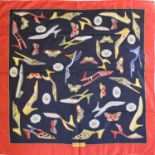 Salvatore Ferragamo Silk Scarf, on a black ground decorated with stylish sling back and kitten