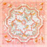 Hermès Silk Scarf 'Sous Les Orangers' Designed by Dimitri Rybaltchenko, a central koi pond depicting