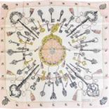Hermès Silk Scarf 'Le Clefs' by Cathy Latham with a pale pink border and a key and tassel design,