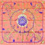 Hermès Silk Scarf 'Les Clefs' Designed by Caty Latham, on a vibrant orange with purple entwining