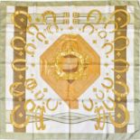 Hermès Silk Scarf 'Porte Bonheur' Designed by Cathy Latham, decorated with gilt horse shoes within