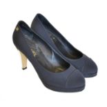 Chanel, Pair of Black Satin Mounted Heels, with a silvered heel and gilt metal small crossed C's