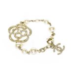 Chanel Bracelet with Camellia Flower Head set with faux pearls and glass, chain link bracelet with
