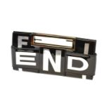 Fendi Black Patent Leather 'Crossword' Clutch Bag with silver coated letters, a silver-tone hardware
