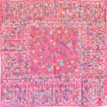 Liberty Silk Scarf on a fuschia pink ground, printed with decorative scrolling flowers against a