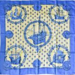 Hermès Silk Scarf 'Nefs D'or' Designed by Philippe Ledoux, decorated with sailing vessels on a