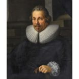 Dutch School (17th century)Portrait of a gentleman, half-length, wearing a black satin doublet