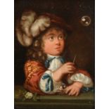 After Casper Netscher (1639-1684) DutchYoung boy blowing bubblesInitialled HL and dated 1824, oil on