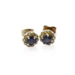 A Pair of Sapphire and Diamond Cluster Earrings, the round cut sapphire within a border of round