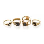 Three 9 Carat Gold Sapphire and Diamond Cluster Rings, finger sizes L, M1/2 and O; and A 9 Carat