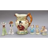 A Crown Devon John Peel Musical Jug, together with three Beswick Beatrix Potter figures, and two Art