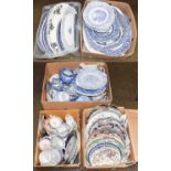 Five Boxes of Victorian Ceramics, including ironstone plates, meat dishes, blue and white, etc