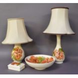 Two Moorcroft Pottery Coral Hibiscus Table Lamps, a bowl and a box and cover (4)
