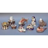 Six Royal Crown Derby Imari Paperweights, a table lighter, and a trinket box and vase, turtle with