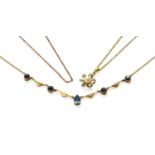 A Blue Glass Necklace, stamped '9CT', length 41cm; A 9 Carat Gold Cultured Pearl and Diamond Pendant