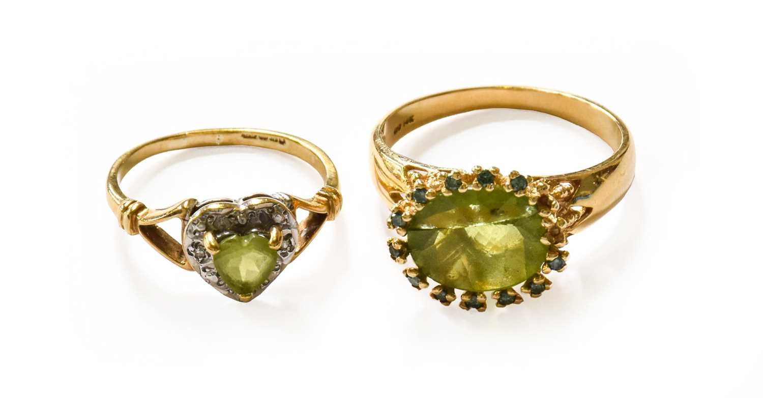 A 9 Carat Gold Peridot and Diamond Cluster Ring, finger size K; and Another Peridot Cluster Ring,