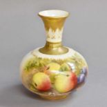 A Small Royal Worcester Bottle Vase, painted by Thomas Lockyer with apples, grapes and blossom,