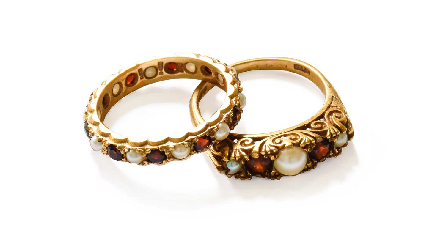 A 9 Carat Gold Garnet and Split Pearl Five Stone Ring, finger size M1/2; and A 9 Carat Gold Garnet