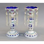 A Pair of Bohemian Overlay Glass Table Lustres, early 20th century, blue ground and enamelled with