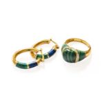 A 9 Carat Gold Malachite and Diamond Ring, finger size M; and A Pair of 9 Carat Gold Enamel Hoop