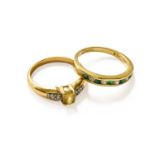 A 14 Carat Gold Emerald and Diamond Half Hoop Ring, finger size N; and A 9 Carat Gold Citrine and