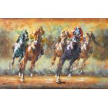 * Rviter (Contemporary)Horse racingSigned, acrylic on canvas, 61cm by 91.5cm