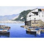 *Caiazza (Contemporary) ItalianFishing boats on a lakeSigned, acrylic on canvas, 49cm by 68.5cm