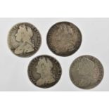 4 x George II, Shillings to include: 1731 obv. young laureate and draped bust left, rev. roses and