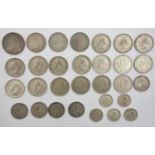 30 x British Silver Coins, to include: Victoria double florin 1887, rev. Arabic 1 in date (hairlines