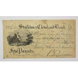 3 x Provincial Banknotes, comprising: (1) Stockton & Cleveland Bank (Lumley, Wilkinson & Snowdon) £5