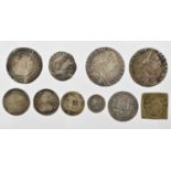 10 x British Coins and Tokens, including: 2 x Elizabeth I 1566: sixpence obv. intermediate bust 4b