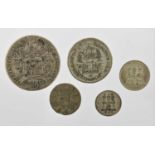 5 x German States, Hamburg Silver Coins comprising: 8 schilling (½ mark) 1728 IHL obv. castle within