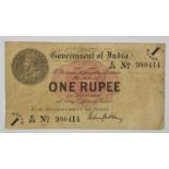 ♦9 x British and Republic of India, One Rupee Banknotes, including: 5 x British Administration: 1917