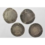 4 x Elizabeth I, Shillings comprising: 2 x 1560-1 (34mm, 6.01g; 33mm, 5.37g) Second Issue, mm