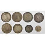 8 x British Silver Coins, to include: 7 x Victoria: 2 x 'Jubilee Head' crowns 1887 and 1889, rev.