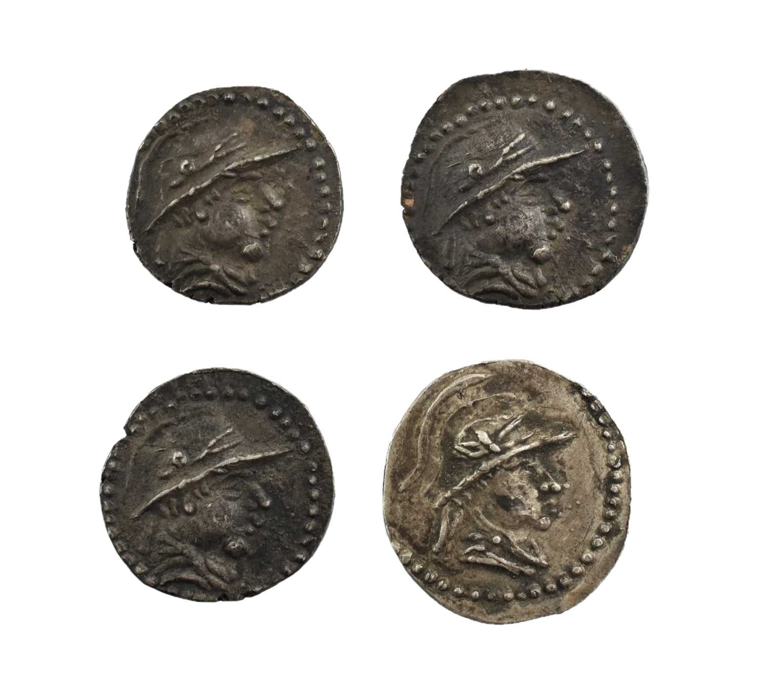 ♦4 x Greco-Baktrian Kingdom, Eucatrides I (170-30 BC) AR Obols (12mm, 0.81g; 11mm, 0.77g; 11mm, 0.