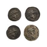 ♦4 x Greco-Baktrian Kingdom, Eucatrides I (170-30 BC) AR Obols (12mm, 0.81g; 11mm, 0.77g; 11mm, 0.