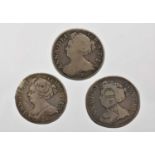 3 x Anne, Shillings comprising: 1708E(x2) obv. third draped bust left, E below bust, rev. crowned