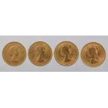 4 x Elizabeth II, Sovereigns 1958, 1962 and 1963(x2), obv. young head right, BRITT: OMN omitted,