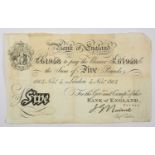 Bank of England, White £5 1904, signed J.G. Nairne, London, 4th November 1904, serial no. 43/d