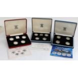 3 x UK Silver Proof Sets, comprising: 1984-1987 £1 4-coin set; 1994-1997 £1 4-coin set; and Royal