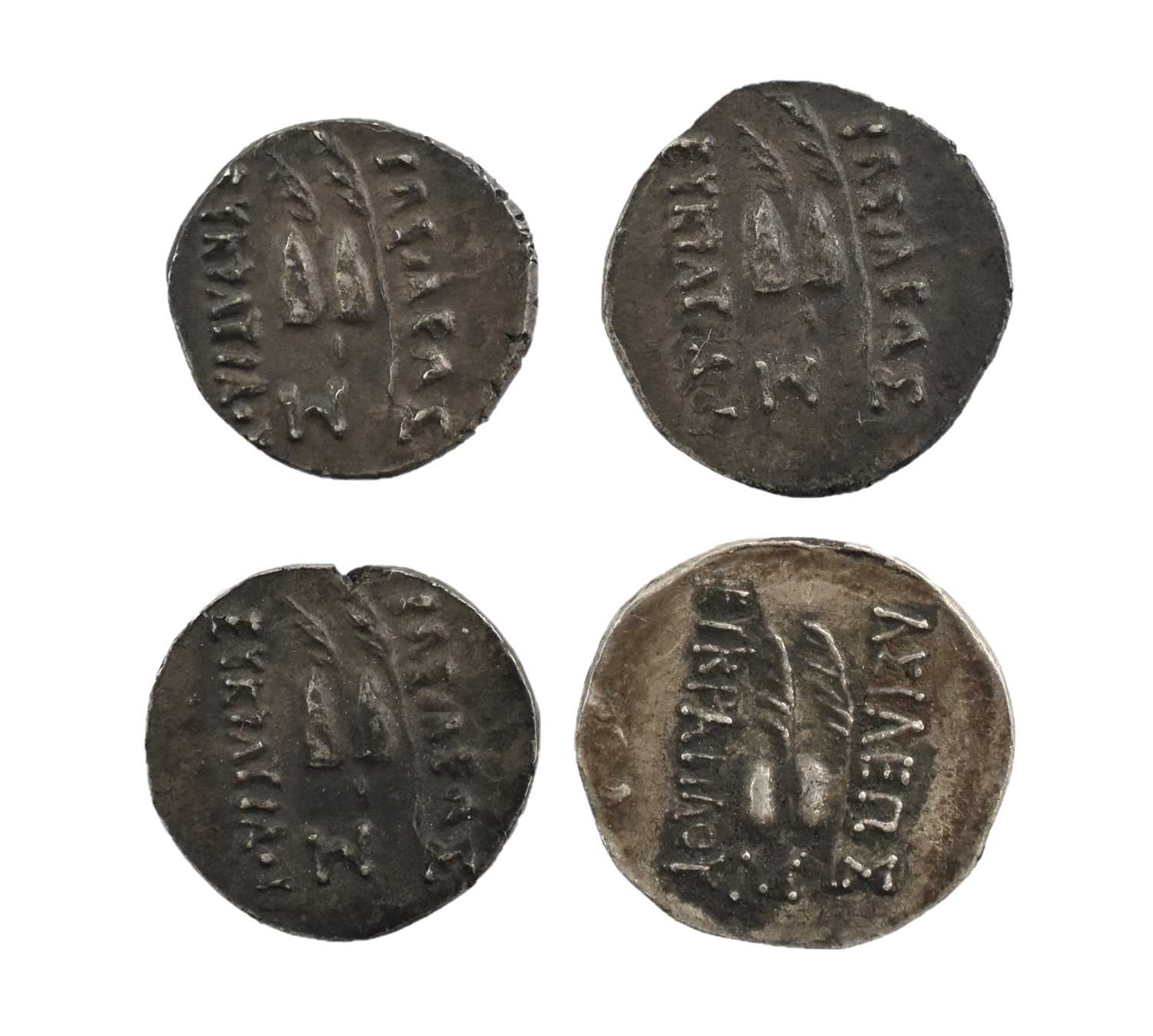 ♦4 x Greco-Baktrian Kingdom, Eucatrides I (170-30 BC) AR Obols (12mm, 0.81g; 11mm, 0.77g; 11mm, 0. - Image 2 of 2