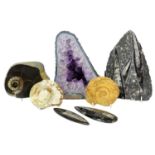 Minerals/Fossils: An Amethyst Geode, Ammonite & Orthoceras Nautiloid Cephalopod Fossils, a good