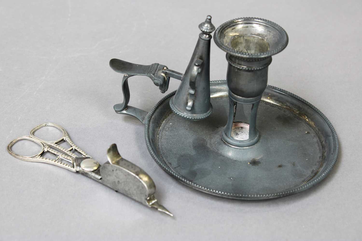 An Edward VII Silver Chamber-Candlestick with an Associated Pair of Silver Plate Snuffer-Scissors,