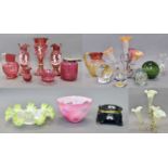 A Group of Victorian and Later Glass, including: Mary Gregory style cranberry vases, two hip urns