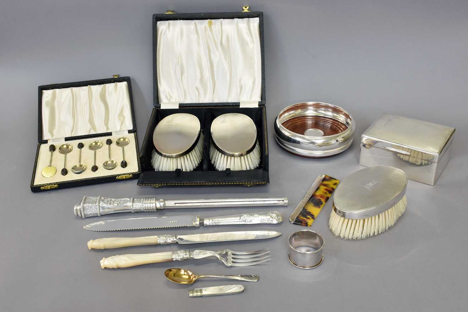 A Collection of Assorted Silver, including a cased pair of brushes; a further brush; a cased set