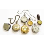 Three Silver Pocket Watches, a lady's fob watch stamped 14k, a gold plated Waltham pocket and an