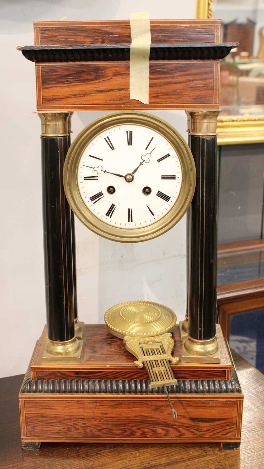 A Rosewood Veneered Portico Striking Mantel Clock, late 19th century, 46.5cm high