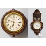 A Bulkhead Clock, in a carved case, together with A Carved Wooden Cased Aneroid Barometer (2)